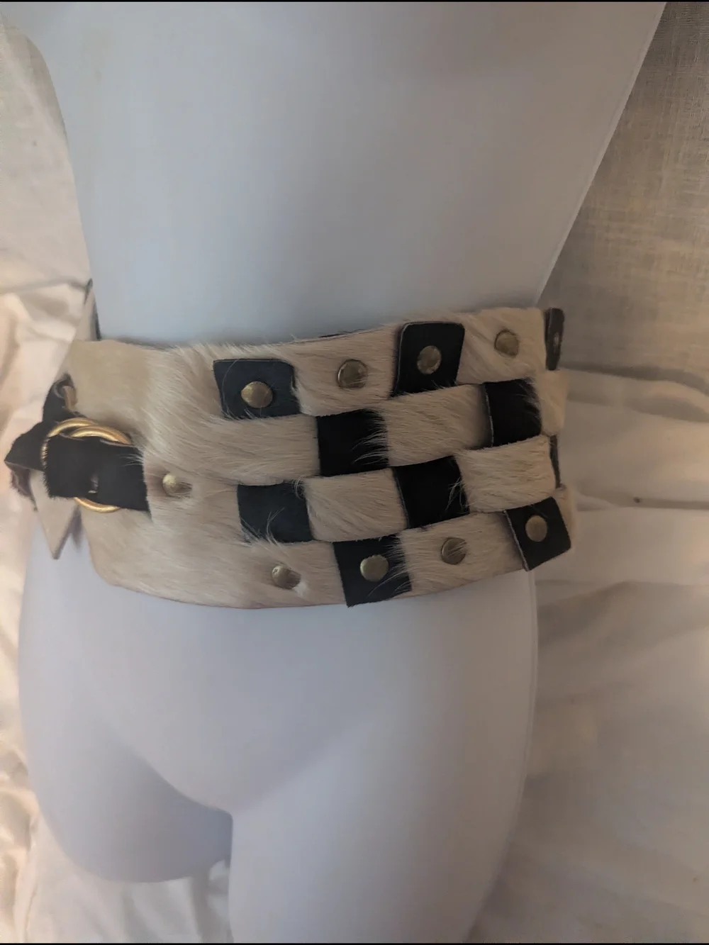 Wide Ivory and Black Haircalf Checkerboard Suede Artisan Statement Waist Belt
